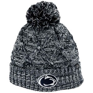 knit hat heather navy with pom and embroidered Penn State Athletic Logo